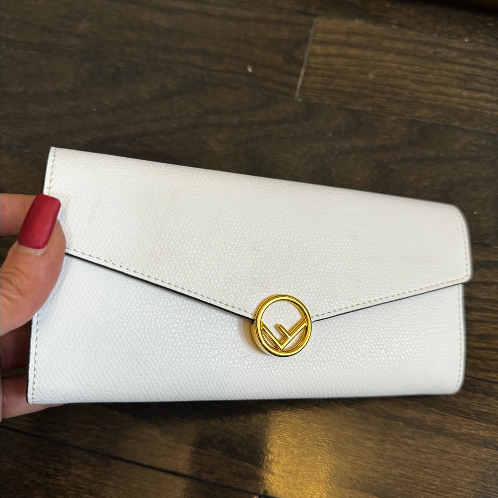 Fendi full size button wallet white grained leather
